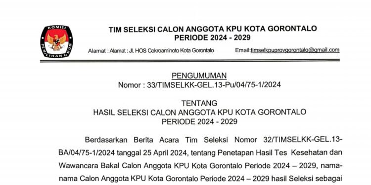 Timsel Umumkan 10 Nama Calon KPU Kota Gorontalo