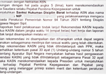 Berikut Isi Rekomendasi KASN, Dugaan Oknum Kadis Yang Mendapat Sanksi Hukuman Disiplin Berat